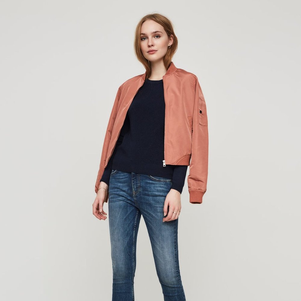 Vero Moda Women's Large Bomber Jacket in Cedar Wood Color, Full Zip Snap Pockets